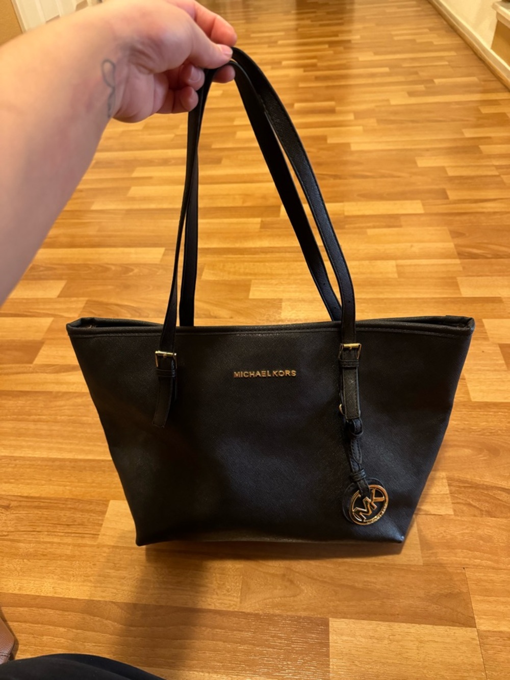 Michael Kors Black Leather Tote with Gold Logo Charm